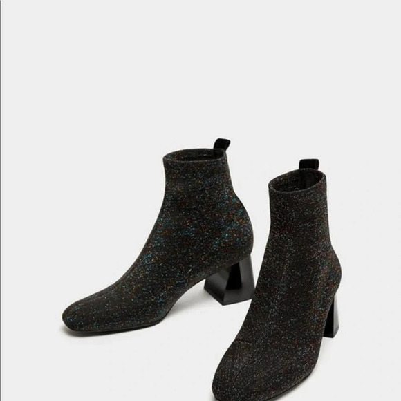 Zara Trafaluc Sock Style Glitter‎ Heeled Ankle Boots Size US 6.5 - Picture 1 of 12